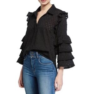 MISA LA Crochet Tiered Sleeve Eyelet Button Down Top Large Boho Romantic Fairy